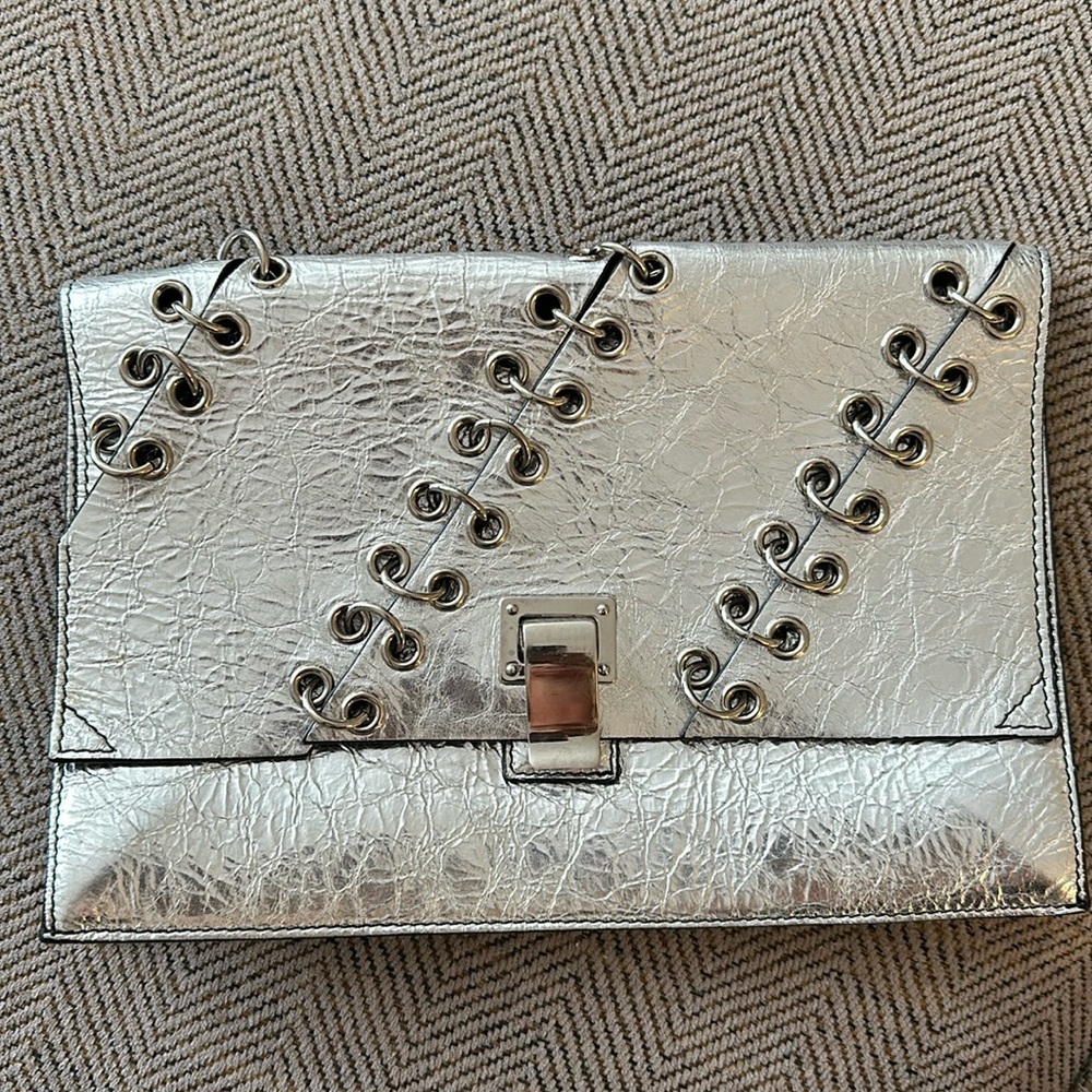 Authentic Metallic Silver Proenza clutch with chain detail